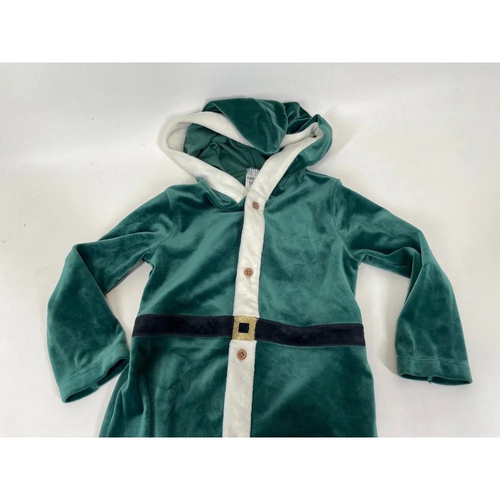 Carter's Green Velvet Holiday Elf Hooded Romper 18M Christmas Santa Helper